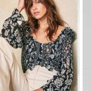 NEW Sezane Jihane Floral Patchwork Blouse Black White 40 or US 8